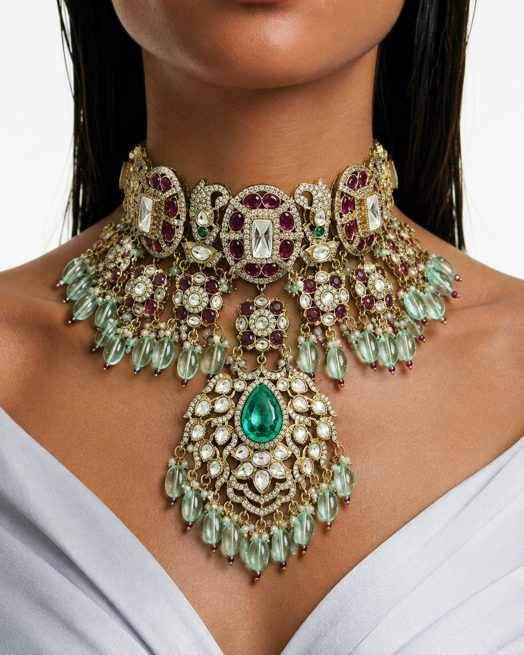 Ishira Mint & Ruby Pearls & Moissanite Polki Kundan with Zircon Diamond Detailing Necklace Set – Necklace, Earrings & Maang Tikka