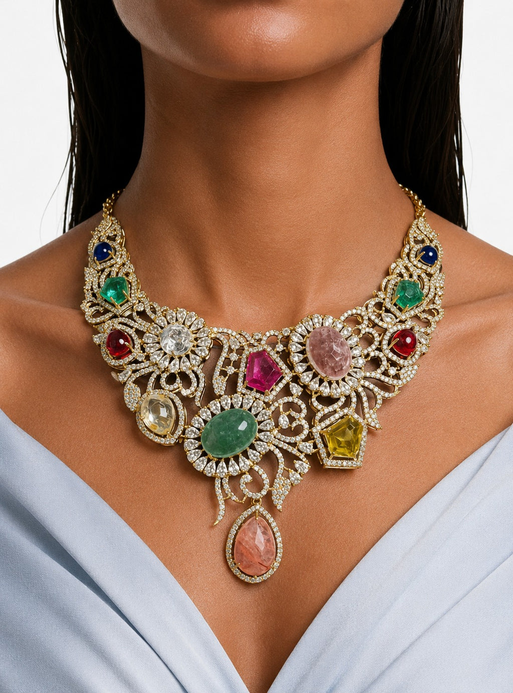 Tessa Multicolour Diamond-Like Zircon Statement Necklace Set – Necklace & Earrings