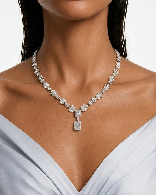 Maharani The Whisper Square Drop Diamond-Like Zircon Compressed Setting Statement Necklace Set & Heart & Diamond Necklace Set (2 Necklace & 2 Earrings)