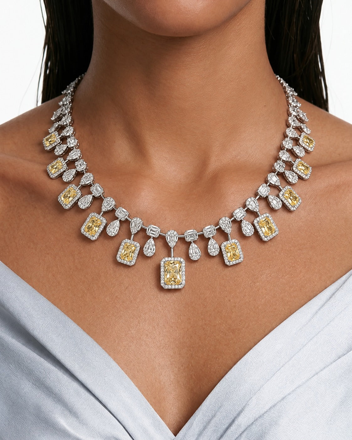 Rumi Citrine Cushion Drop Diamond-Like Zircon Necklace Set (Necklace & Earrings)