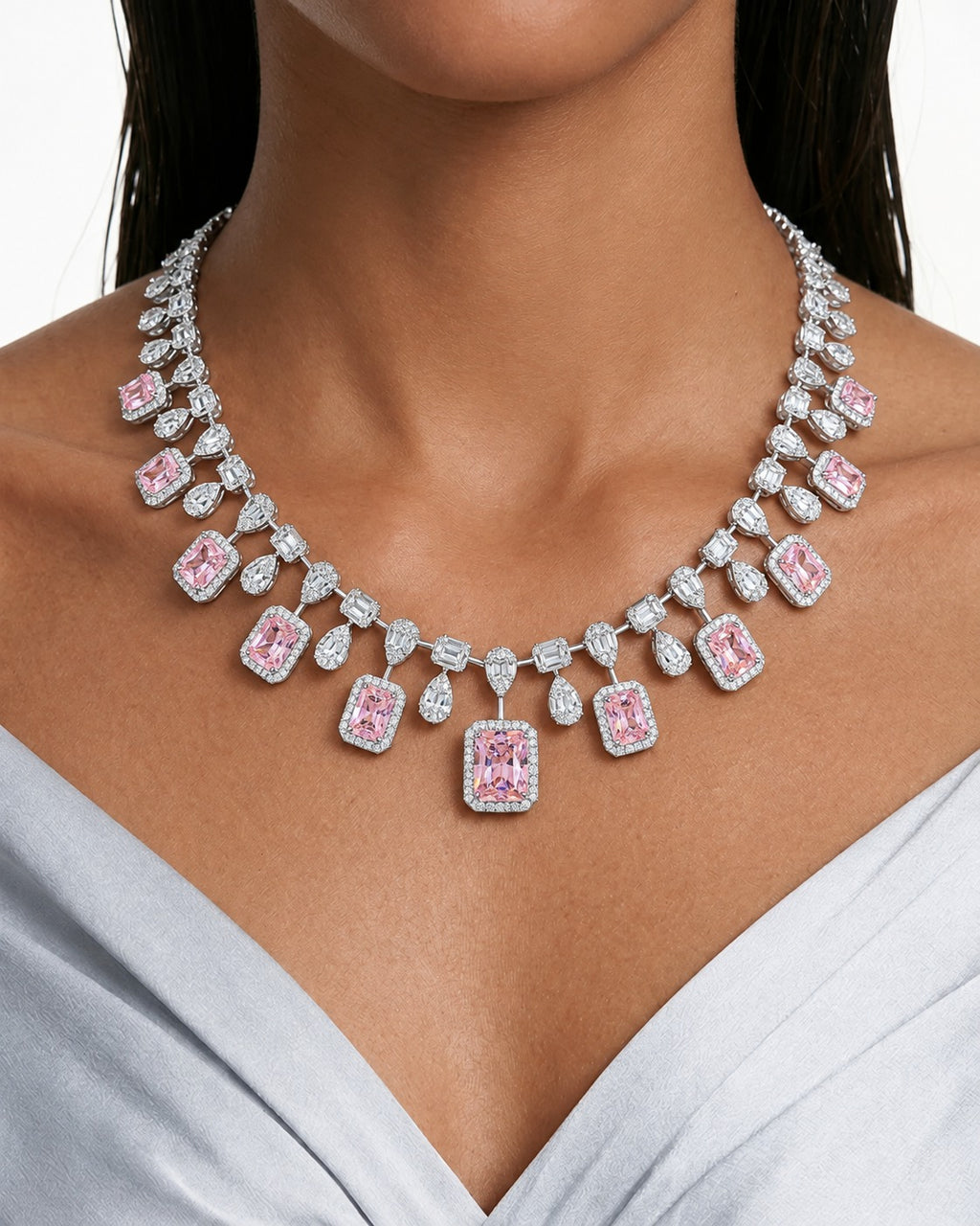 Rumi Pink Cushion Drop Diamond-Like Zircon Necklace Set (Necklace & Earrings)