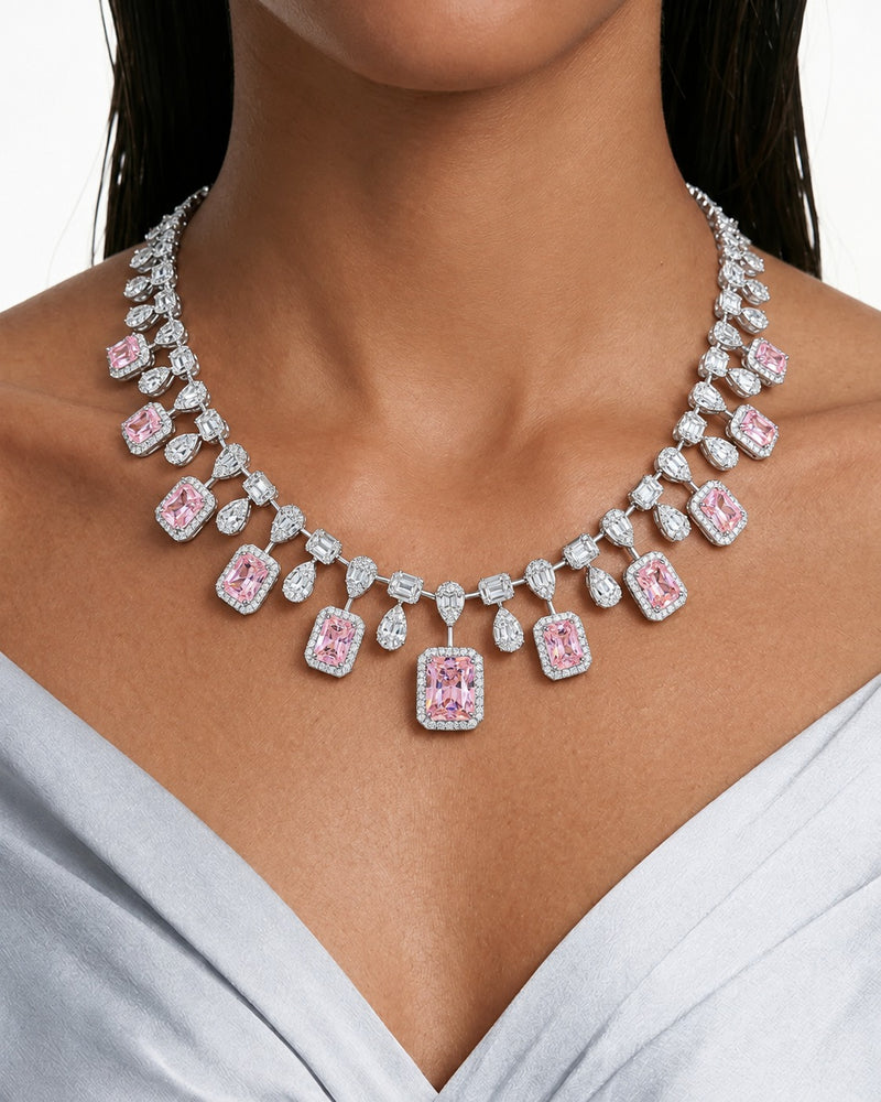 Rumi Pink Cushion Drop Diamond-Like Zircon Necklace Set (Necklace & Earrings)