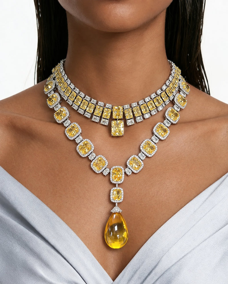 Maharani Citrine Cushion Cut with Zircon Detailing and Large Citrine Stone & Auri Citrine Square Drop Diamond-Like Zircon Necklace Set (2 Necklaces & 2 Earrings)