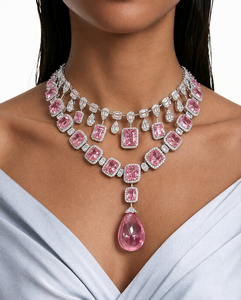 Maharani Pink Cushion Cut with Zircon Detailing and Large Pink Stone & Rumi Pink Cushion Drop Diamond-Like Zircon Necklace Set (2 Necklaces & 2 Earrings)
