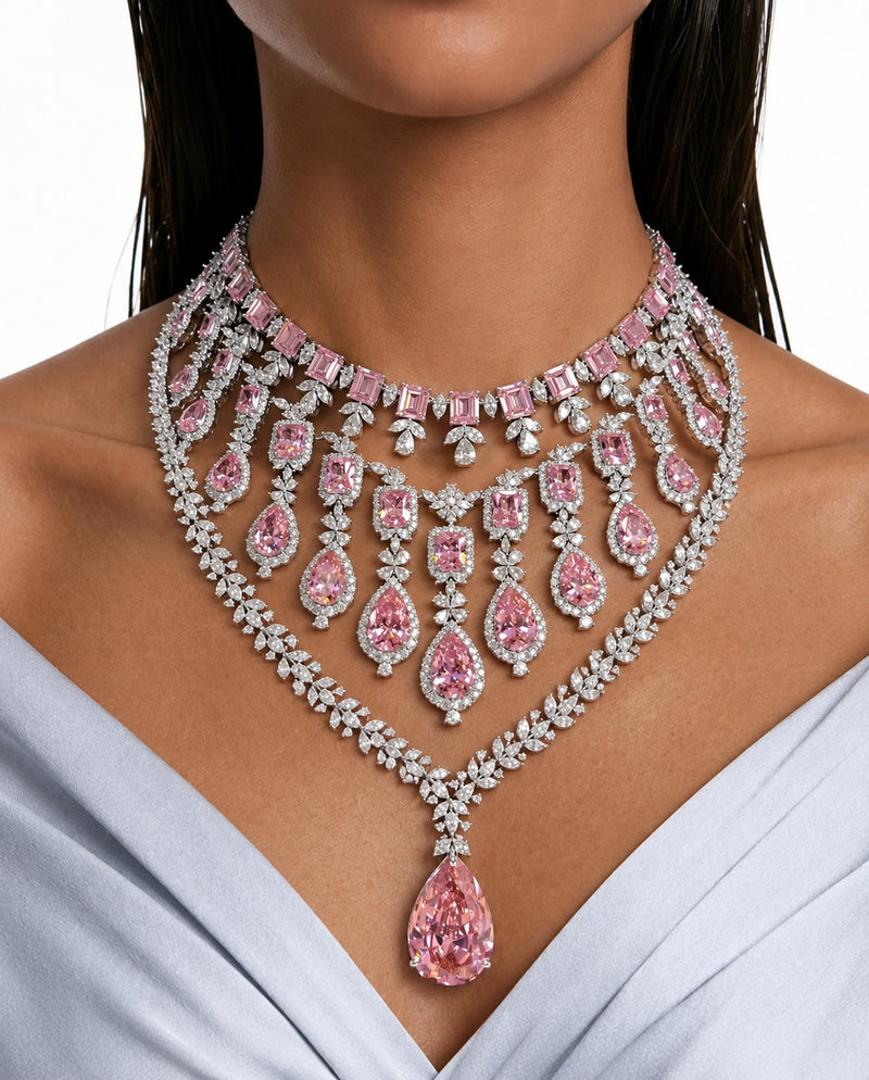 Maharani Eman Diamond-Like Zircon Pink Drop Pendant & Avela Pink Diamond-Like Zircon Drop & Niva Pink Leaf Drop Diamond-Like Zircon Necklace Set (3 Necklaces & 3 Earrings)