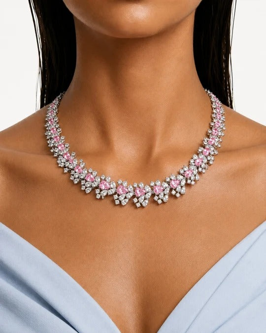 Maharani Avela Pink Diamond & Diamond Necklace Set & Eden Floral Pink & Diamond-Like Zircon Statement Necklace Set (2 Necklaces & 2 Earrings)