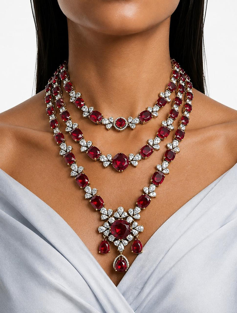 Maharani Ruby Moissanite Diamond Polki Kundan Royal Choker & Ruby Maharani Diamond Imperial Haar Necklace Set  ( 2 Necklace & 2 Earrings )