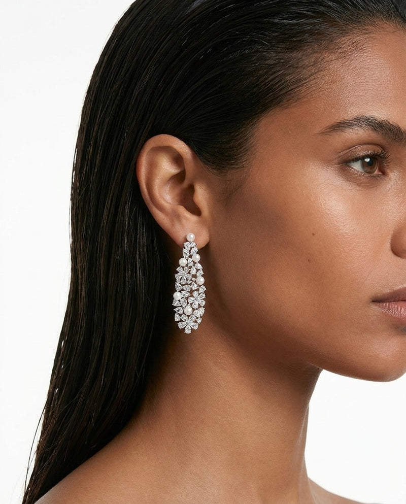 Maharani Karen Pearl and Diamond Necklace Set & Mahiba Diamond-Like Zircon Compressed Setting Statement Necklace Set (2 Necklaces & 2 Earrings)