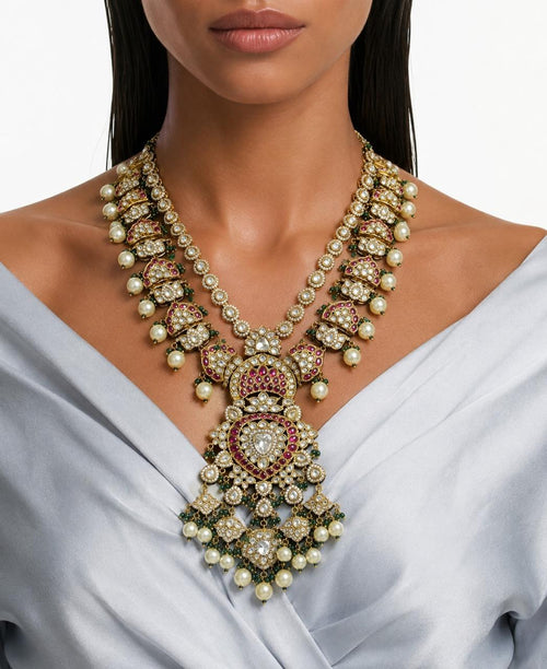 Maharani Aarizah & Rameesha Ruby, Emerald, Pearls & Moissanite Polki Kundan Bridal Necklace Set (2 Necklaces & 2 Earrings)
