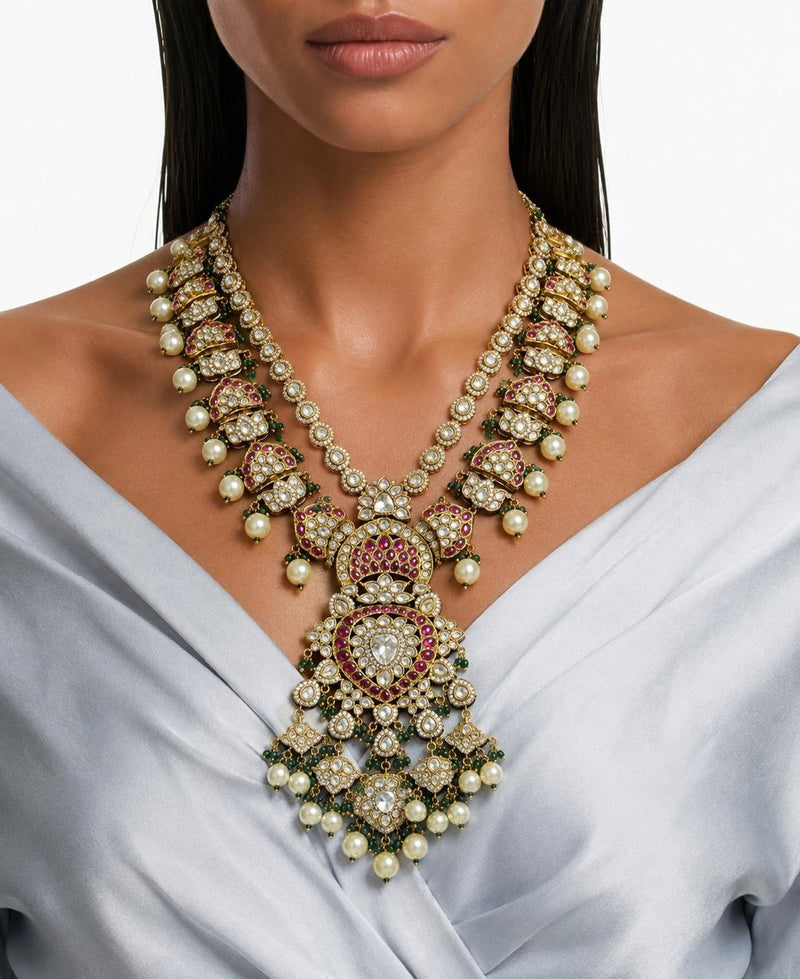Maharani Aarizah & Rameesha Ruby, Emerald, Pearls & Moissanite Polki Kundan Bridal Necklace Set (2 Necklaces & 2 Earrings)