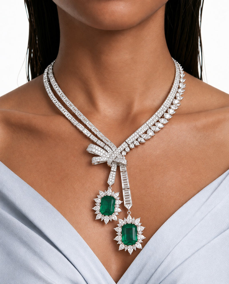 Nelle Emerald Double Drop Bow Diamond-Like Zircon Necklace Set – Necklace & Earrings