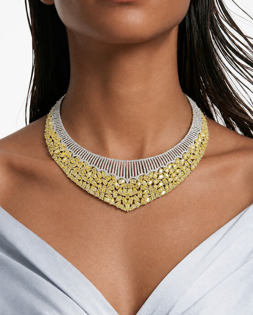 Evia Citrine Diamond-Like Zircon Leaf Necklace Set – Necklace & Earrings