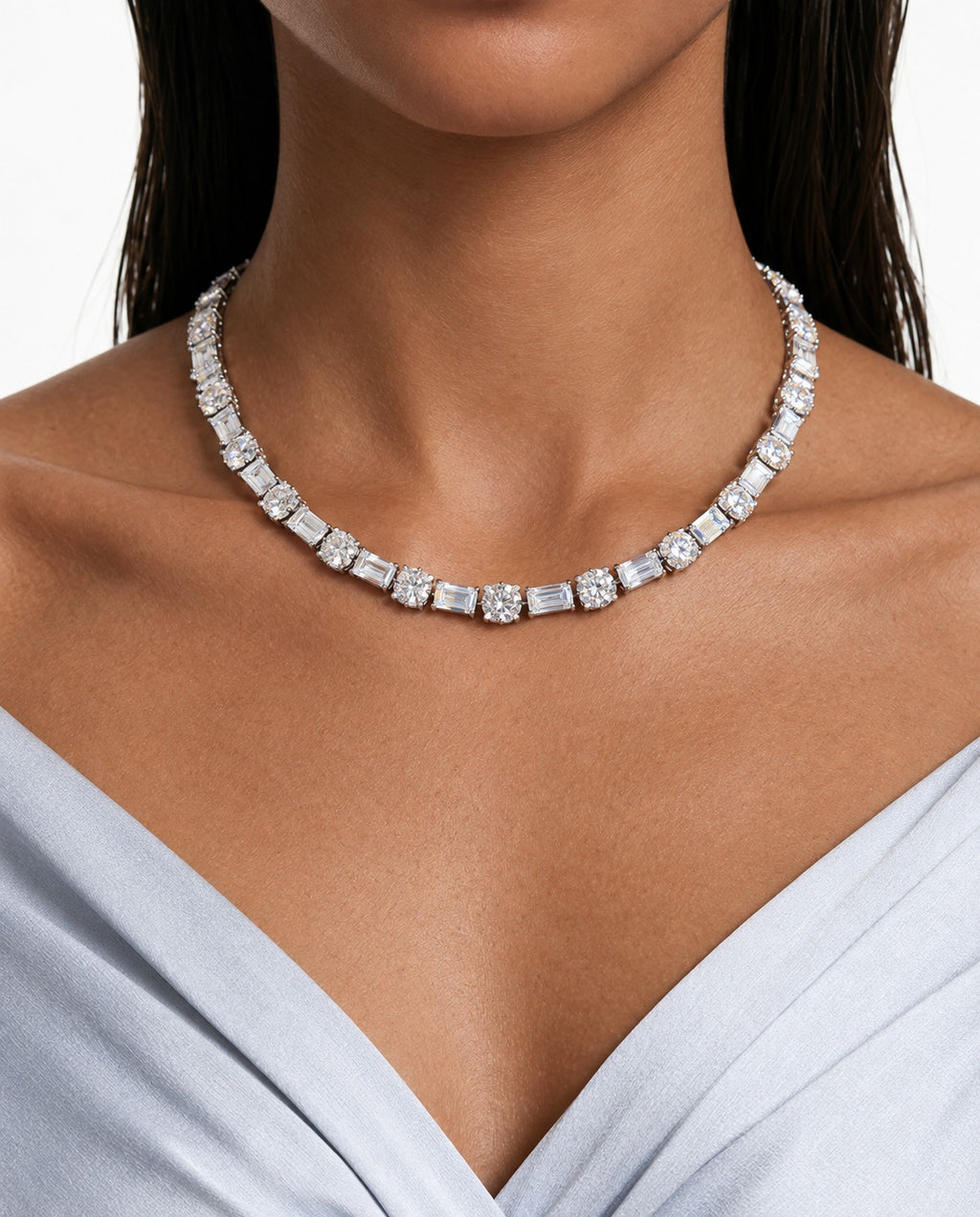 May Baguette & Round Diamond-Like Zircon Necklace Set – Necklace & Earrings