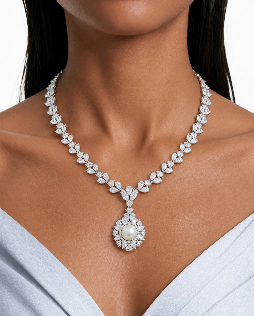 Orla Pearl Floral Pendant Diamond-Like Zircon Necklace Set – Necklace & Earrings