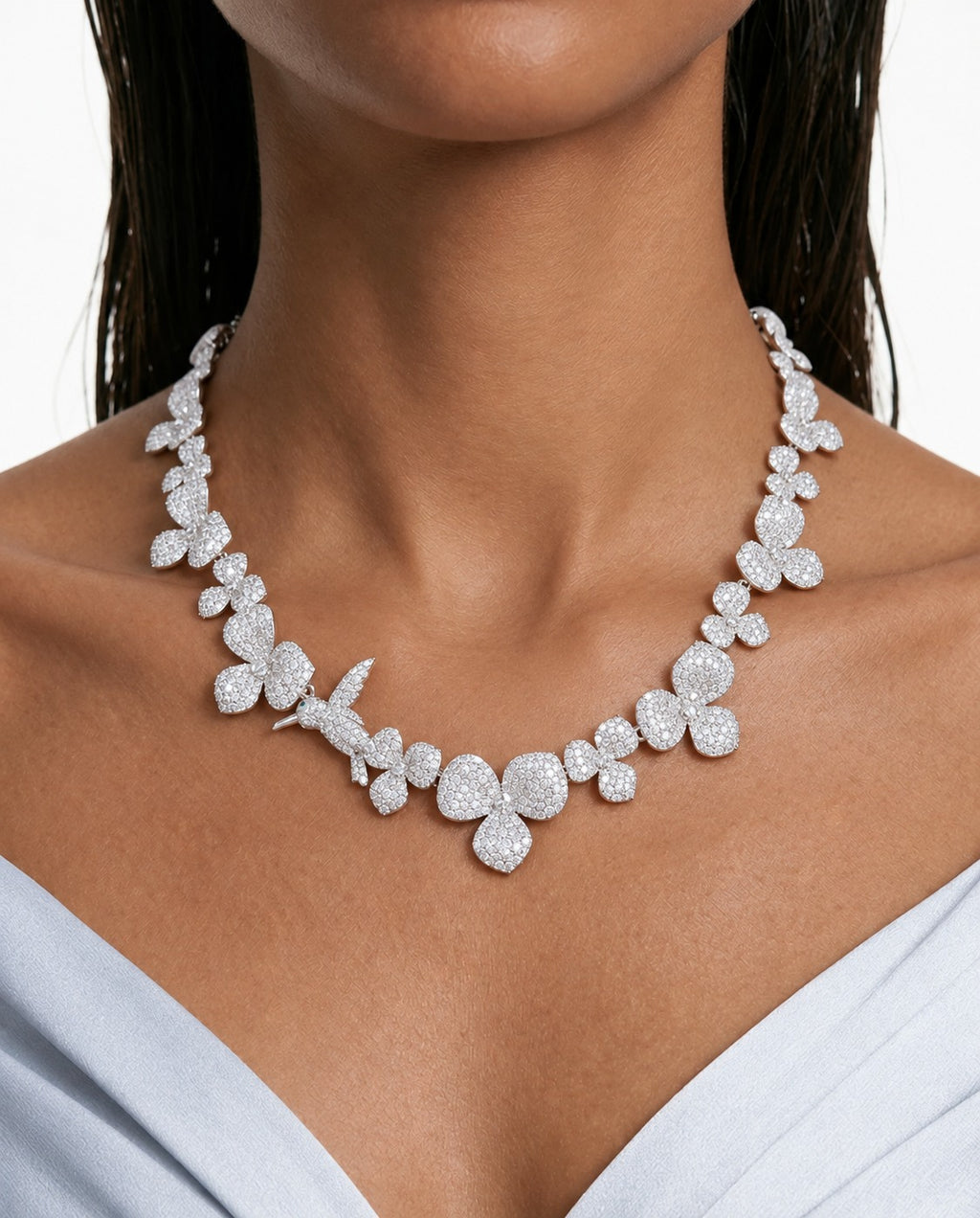 Tova Bird & Floral Diamond-Like Zircon Necklace Set – Necklace & Earrings