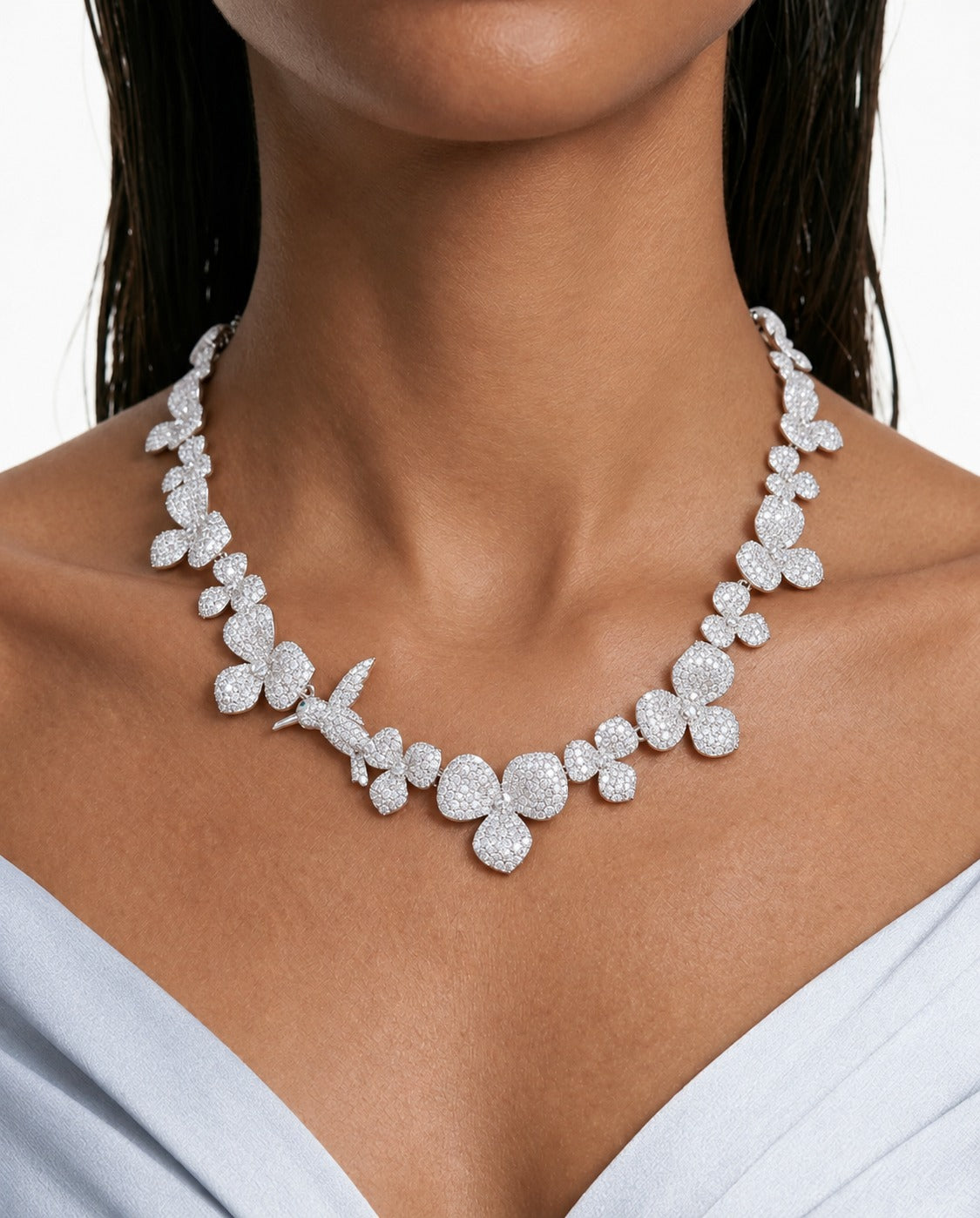Tova Bird & Floral Diamond-Like Zircon Necklace Set – Necklace & Earrings