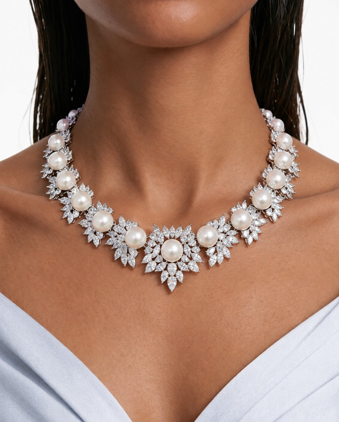 Poppy Pearl Floral Diamond-Like Zircon Necklace Set – Necklace & Earrings