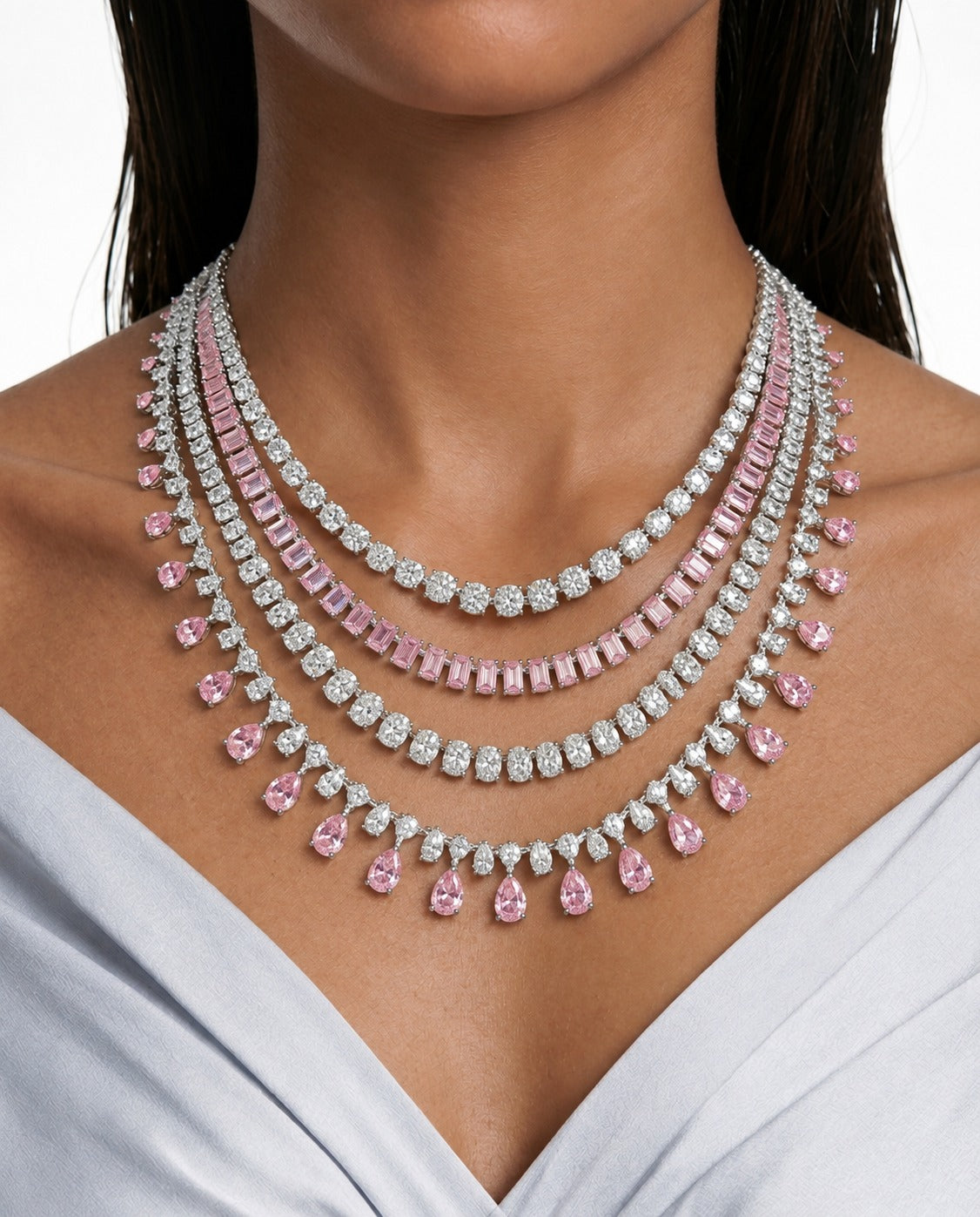 Celine Pink Diamond-Like Zircon Four Layer Drop Necklace Set – Necklace & Earrings