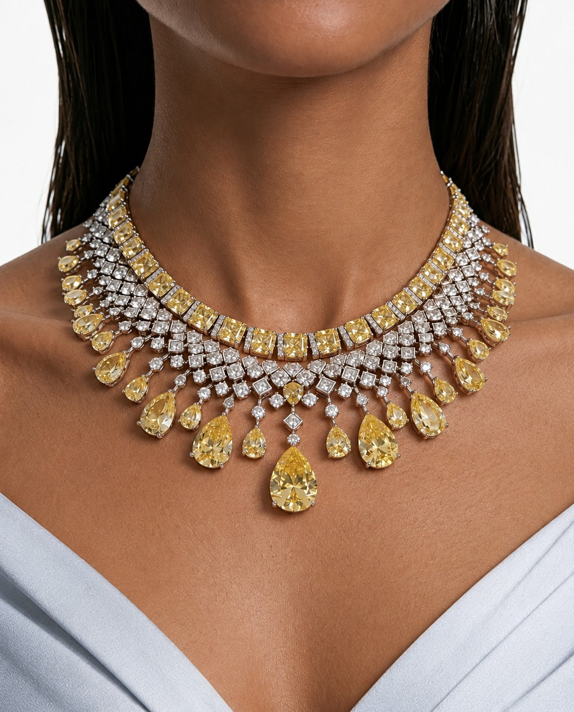 Maharani Azra Citrine & Bhavani Citrine Diamond-Like Zircon Necklace Set (2 Necklace & 2 Earrings)