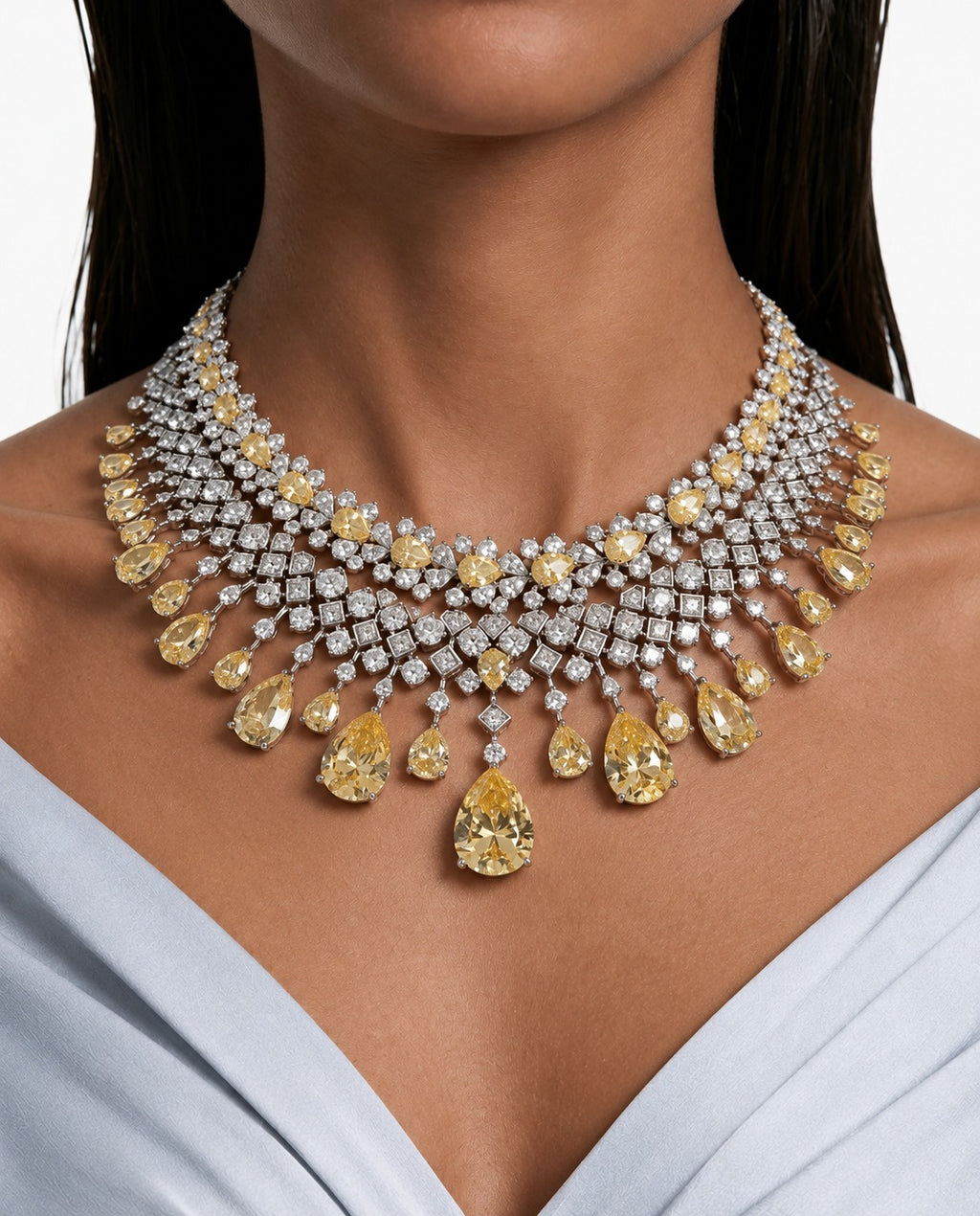 Maharani Azra Citrine & Eden Floral Citrine Necklace Set – citrine doublet and 5A CZ, rhodium plated – front view | PRERTO
