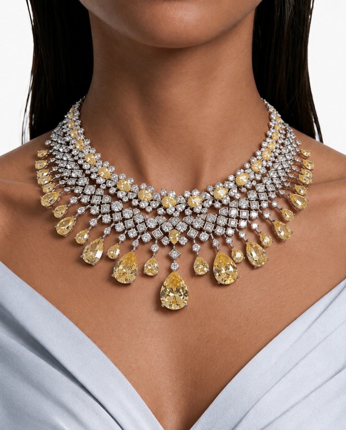 Maharani Azra Citrine & Eden Floral Citrine Necklace Set – citrine doublet and 5A CZ, rhodium plated – front view | PRERTO