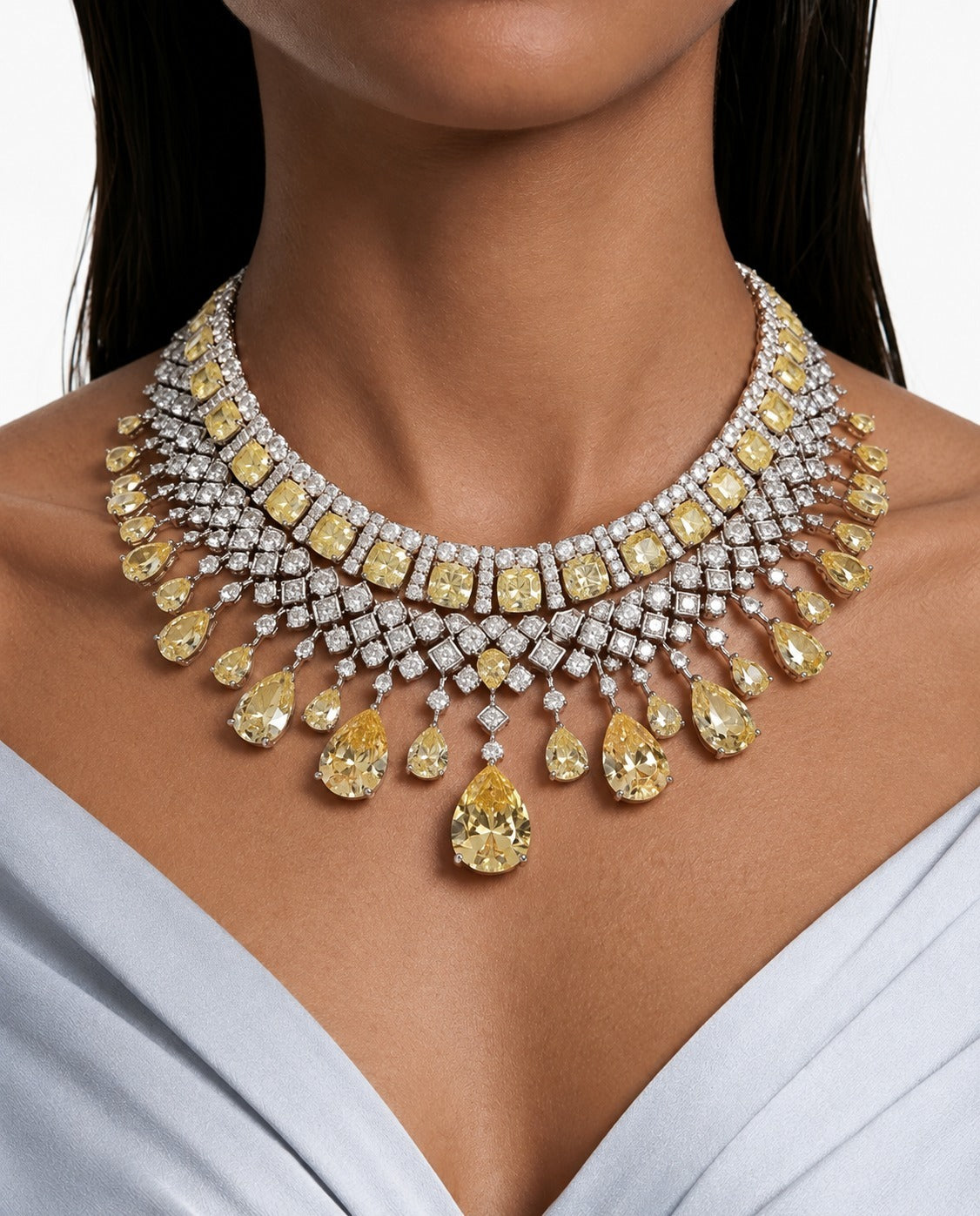 Maharani Azra Citrine & Bhavika Citrine Diamond-Like Zircon Necklace Set (2 Necklace & 2 Earrings)
