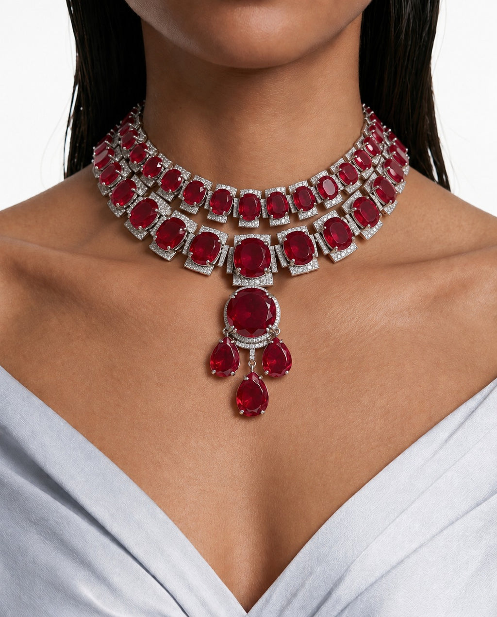 Juego de collar de 2 capas de rubí canto rodado con pavé de circonitas tipo diamante (collar y aretes)