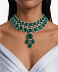 Juego de collar con esmeralda de roca de 2 capas con pavé de circonitas tipo diamante (collar y aretes)