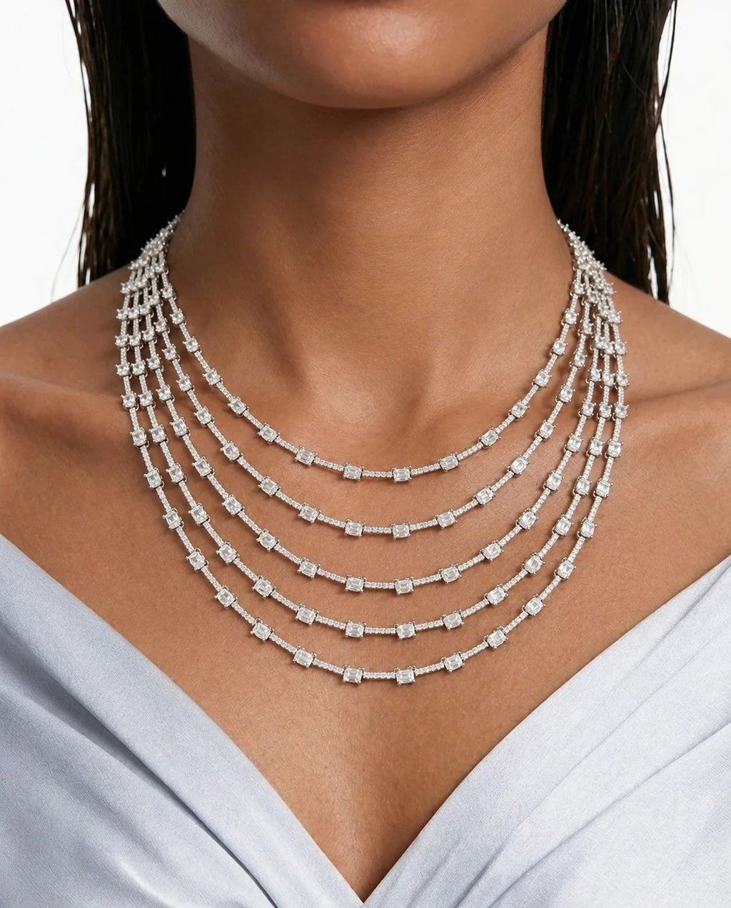 Maharani Lunette Multi Layered & Heart & Diamond Necklace Set (2 Necklace & 2 Earrings)