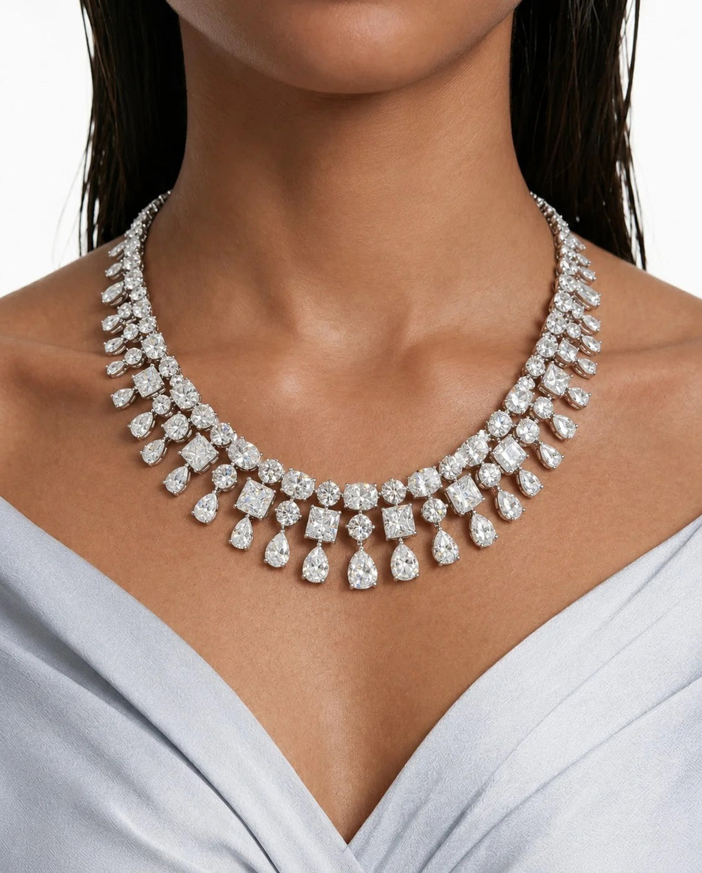 Maharani Niharika Diamond Ovals & Squares & May Baguette & Round Diamond Necklace Set (2 Necklace & 2 Earrings)
