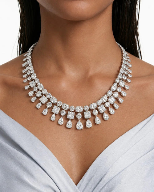 Maharani Niharika Diamond Ovals & Squares & May Baguette & Round Diamond Necklace Set (2 Necklace & 2 Earrings)
