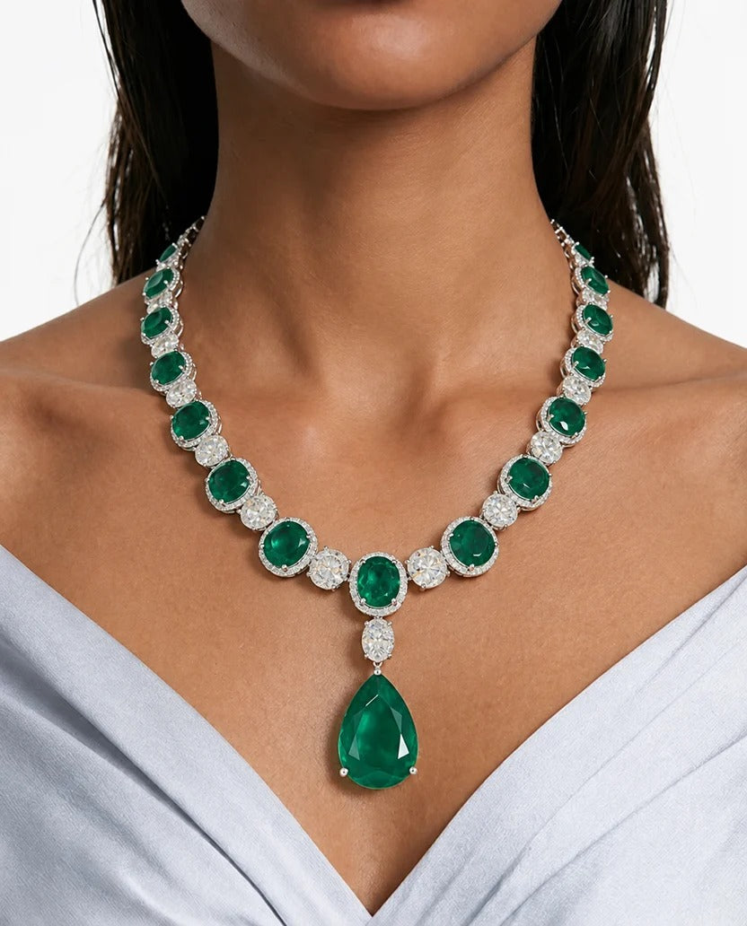 Maharani Vana Emerald Pear Drop & Emerald Esme Cascade Drop Choker Necklace Set (2 Necklace & 2 Earrings)