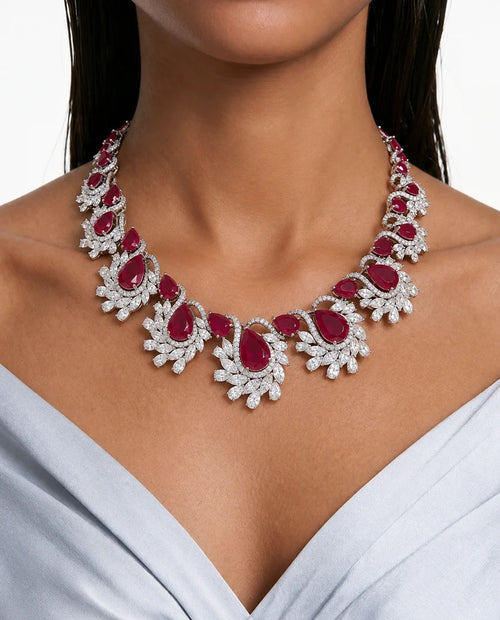 Maharani Nelle Ruby Double Drop Bow & Ava Ruby Pear & Leaf Necklace Set (2 Necklace & 2 Earrings)