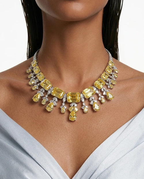 Maharani Della Citrine Drop Pendant & Amalina Citrine Luxe Couture Statement Necklace Set (2 Necklace & 2 Earrings)