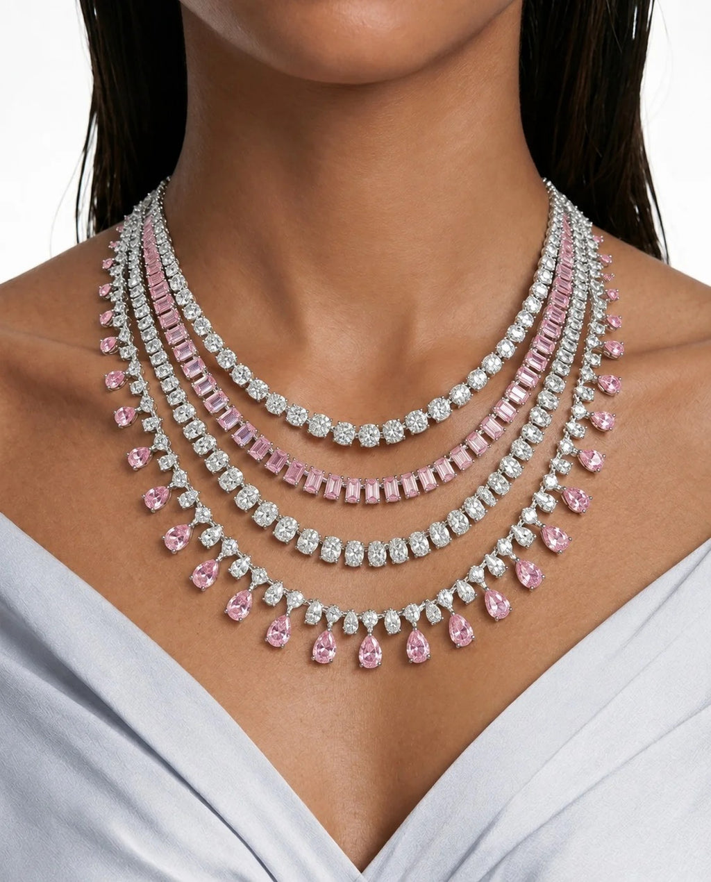 Maharani Celine & Nayara Pink Diamond-Like Zircon Necklace Set (2 Necklaces & 2 Earrings)