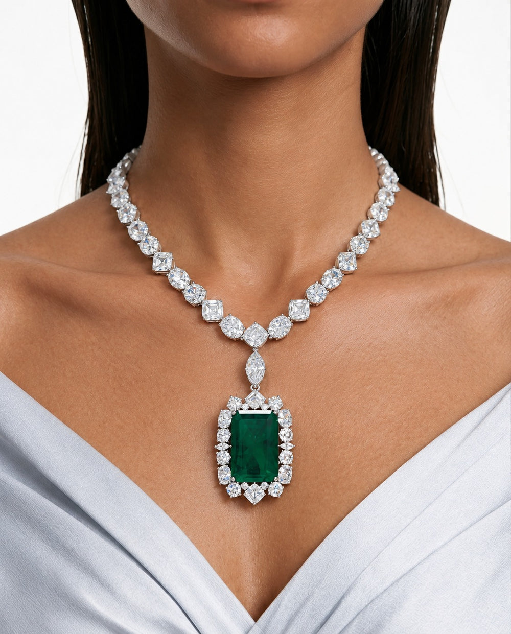 Afiya Emerald Diamond-Like Zircon Statement Necklace Set – Necklace & Earrings
