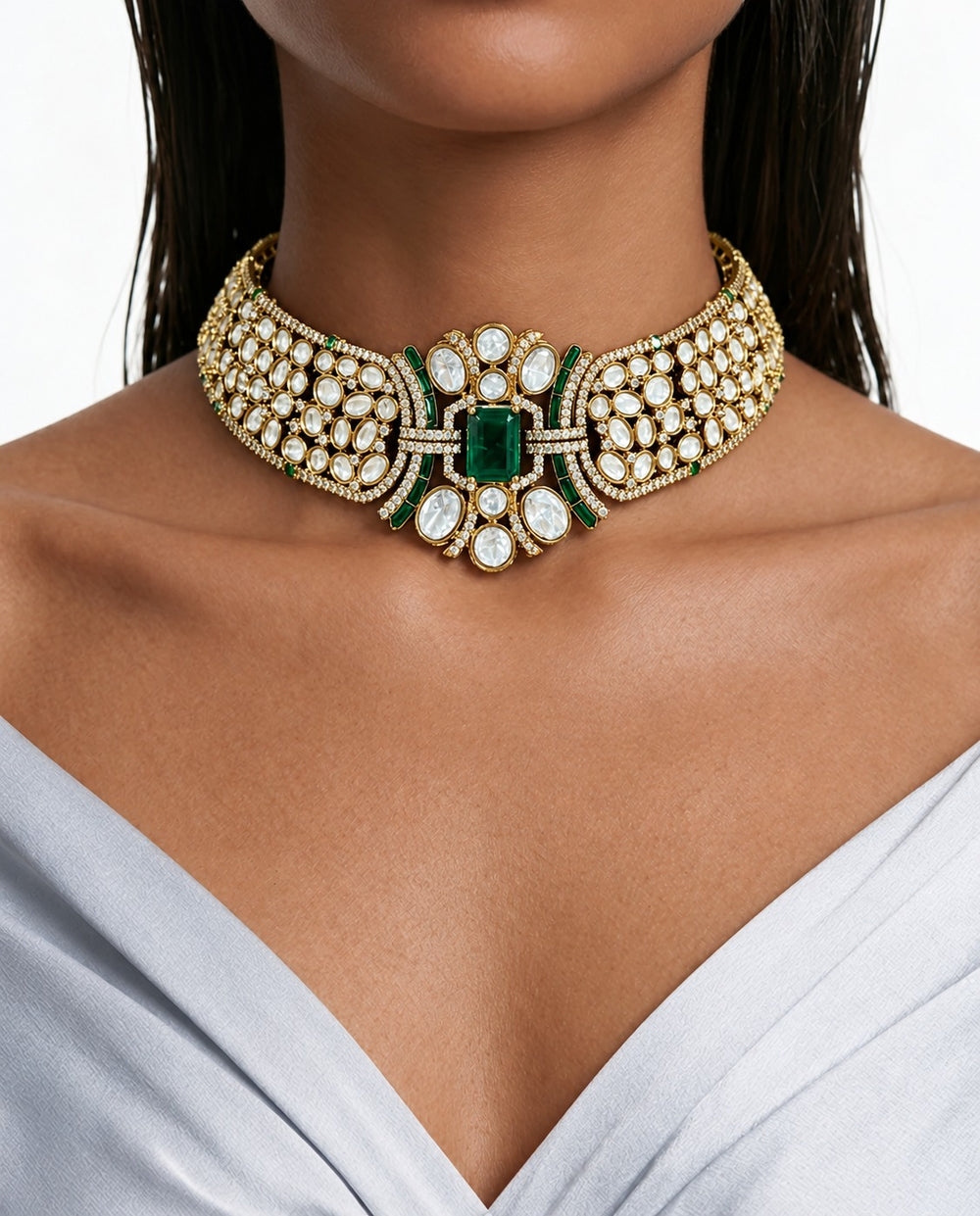 Nargis Emerald Moissanite Polki Kundan statement kettingset - ketting, oorbellen en Maang Tikka