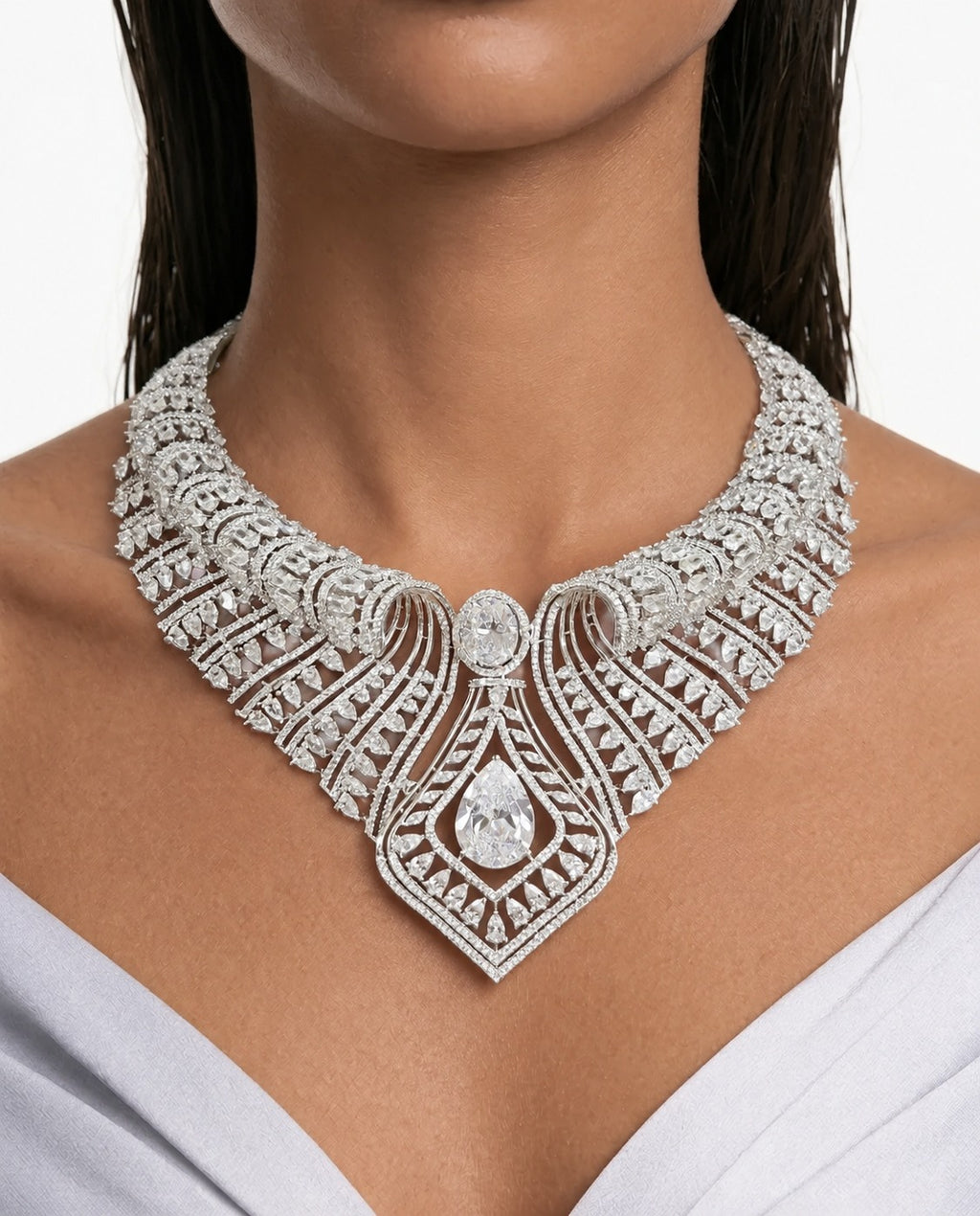 Sahiba witte diamantachtige zirkoon statement kettingset – ketting en oorbellen