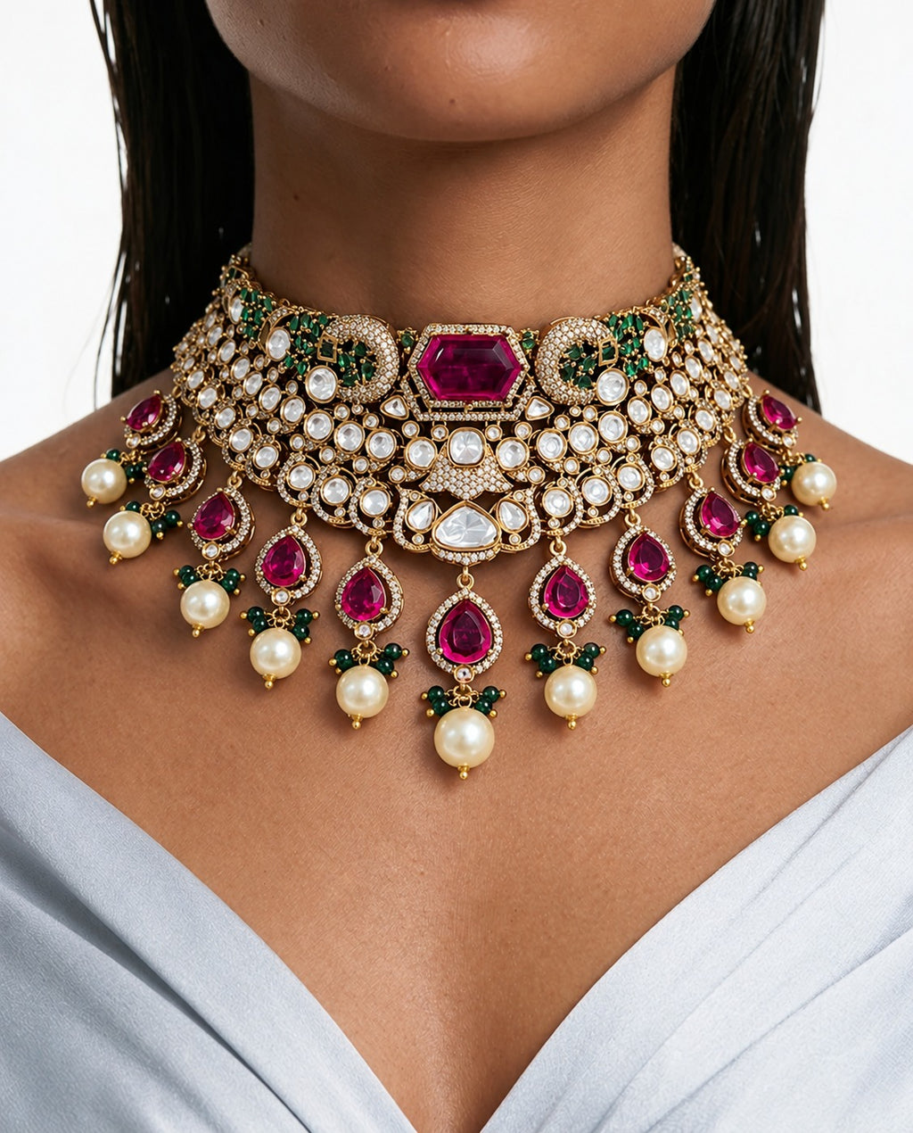 Tahira Ruby Emerald Moissanite Polki Kundan Pearl Drop Necklace Set – Necklace, Earrings & Maang Tikka