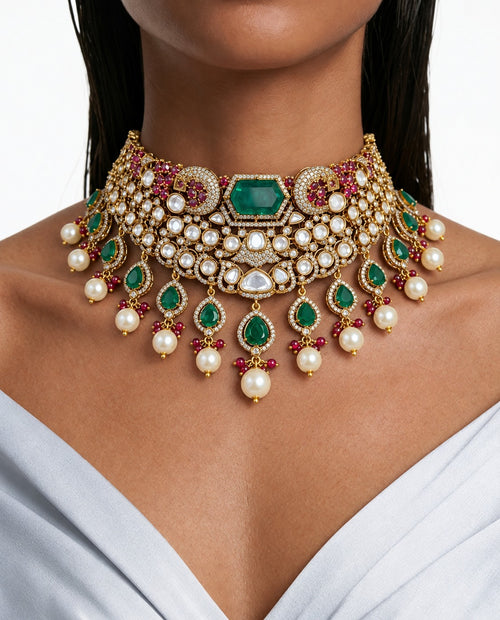 Tahira Emerald Ruby Moissanite Polki Kundan Pearl Drop kettingset – ketting, oorbellen en Maang Tikka