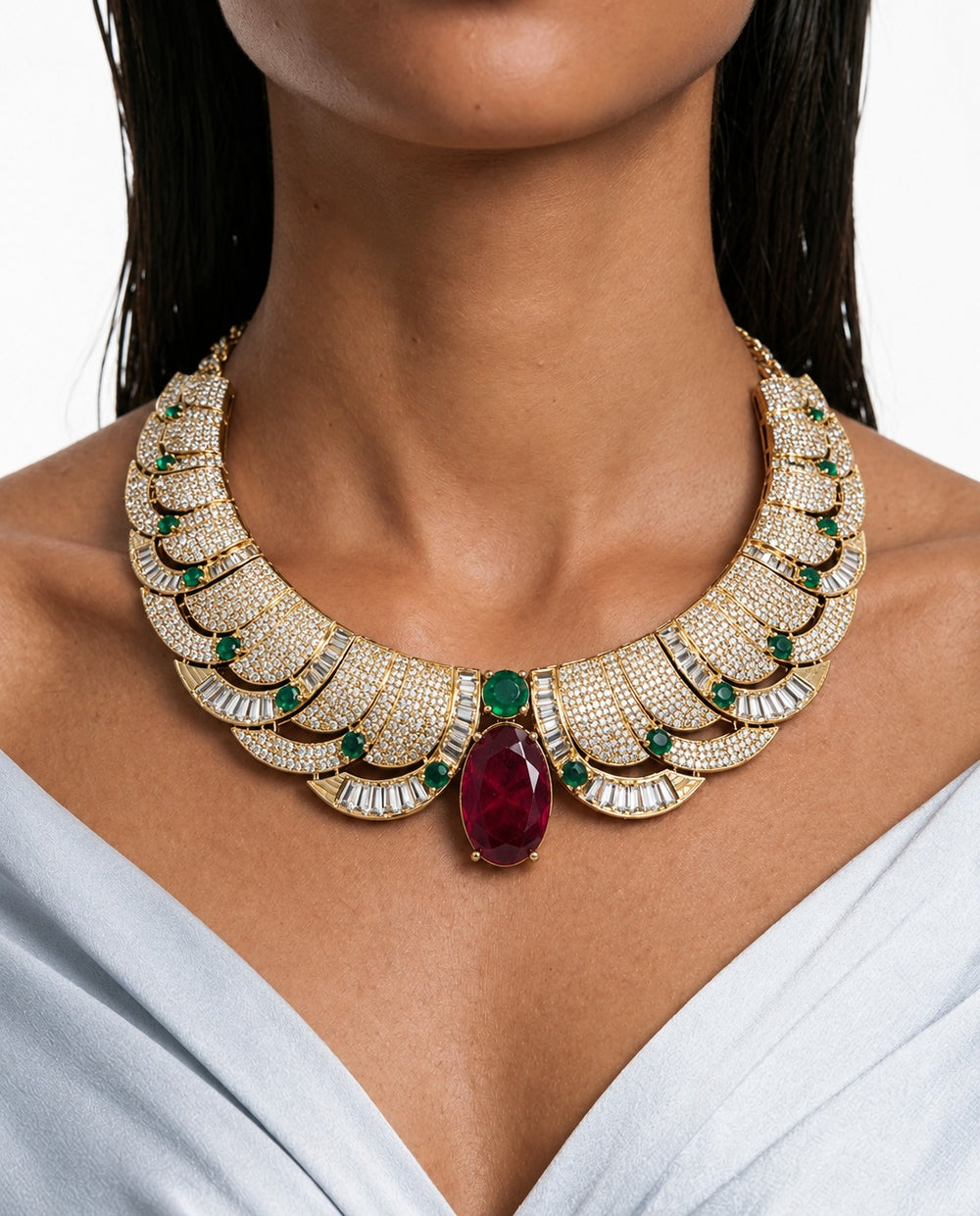 Ensemble collier ailé émeraude rubis Mirha – Collier et boucles d'oreilles