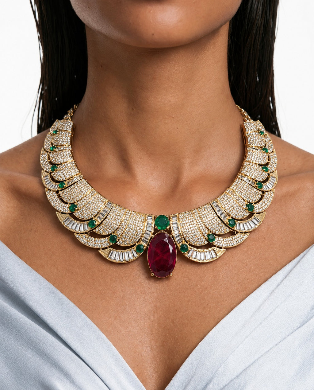 Ensemble collier ailé émeraude rubis Mirha – Collier et boucles d'oreilles