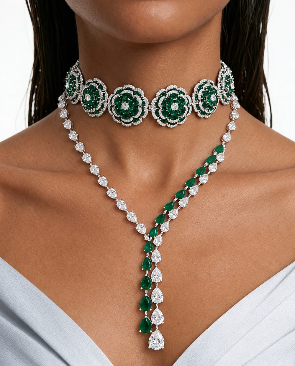 Maharani Winnie Emerald Double Line Drop & Safa Blossoming Flowers Emerald Choker Necklace Set (2 Necklace & 2 Earrings)