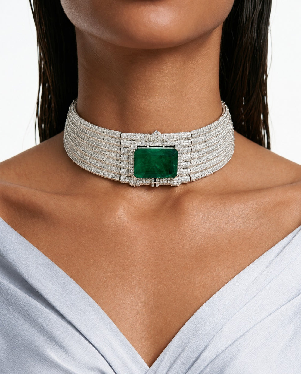 Juego de gargantilla de esmeralda rectangular con circonitas tipo diamante Hina - Collar y aretes