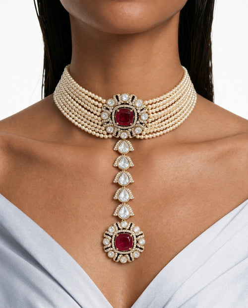 Saya Ruby & Pearl Moissanite Polki Kundan with Zircon Diamond Detailing Choker Necklace Set – Necklace & Earrings