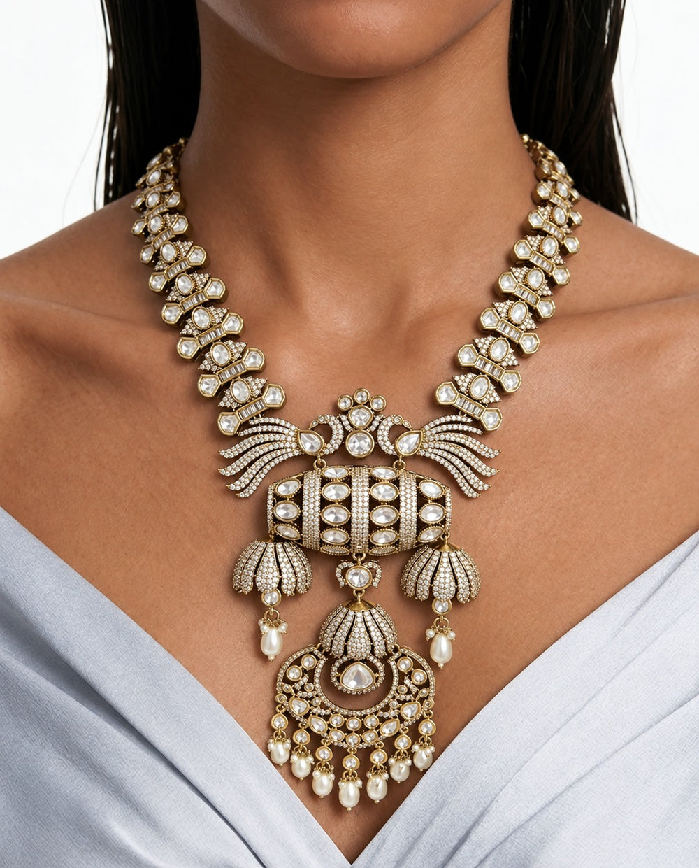 Lia Diamond & Pearl Moissanite Polki Kundan Statement Necklace Set – Necklace, Earrings & Maang Tikka