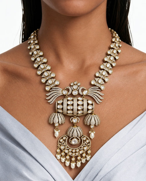 Lia Diamond & Pearl Moissanite Polki Kundan Statement Necklace Set – Necklace, Earrings & Maang Tikka