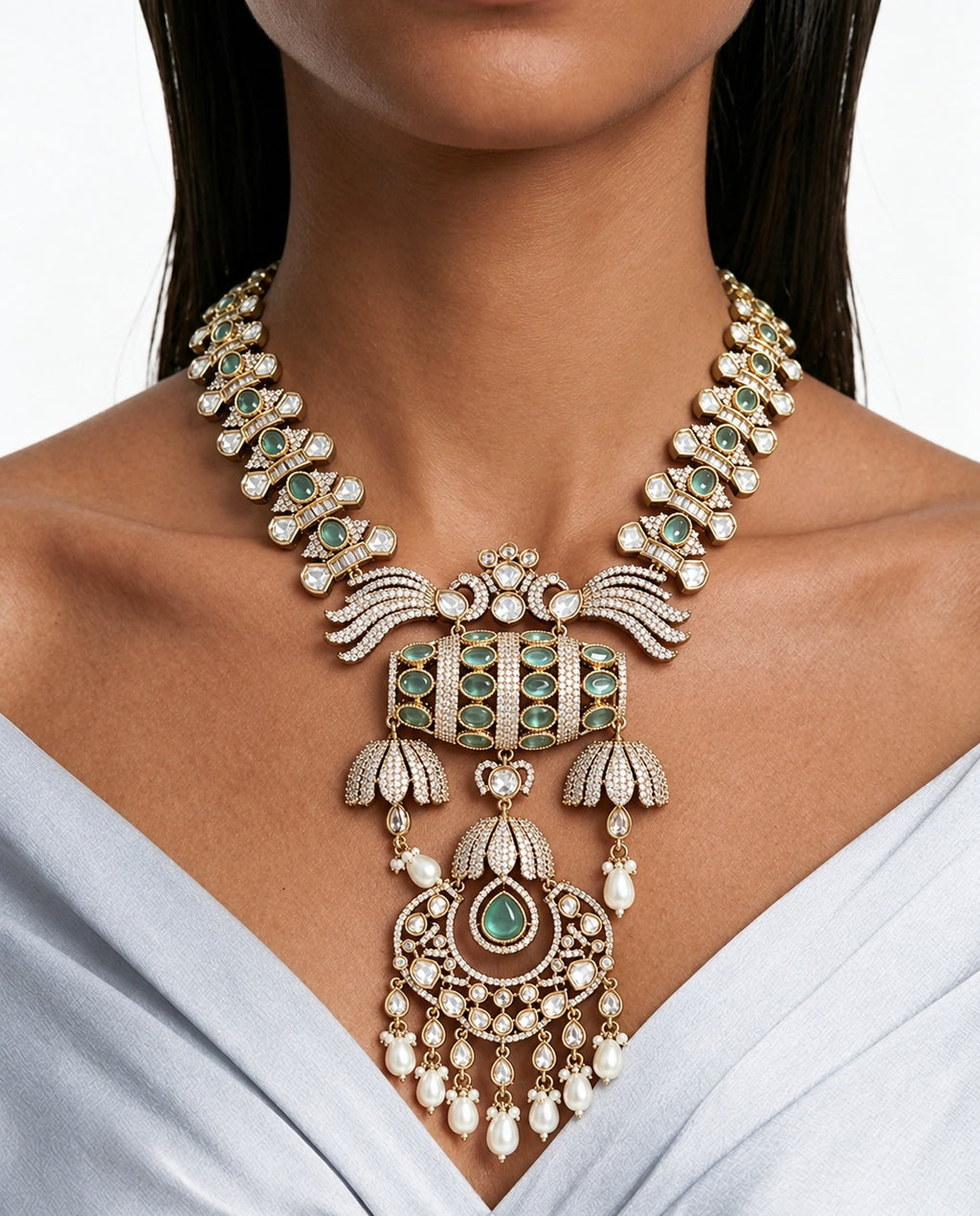 Lia Mint & Pearl Moissanite Polki Kundan Statement Kettingset – Ketting, Oorbellen & Maang Tikka