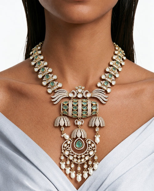 Lia Mint & Pearl Moissanite Polki Kundan Statement Necklace Set – Necklace, Earrings & Maang Tikka