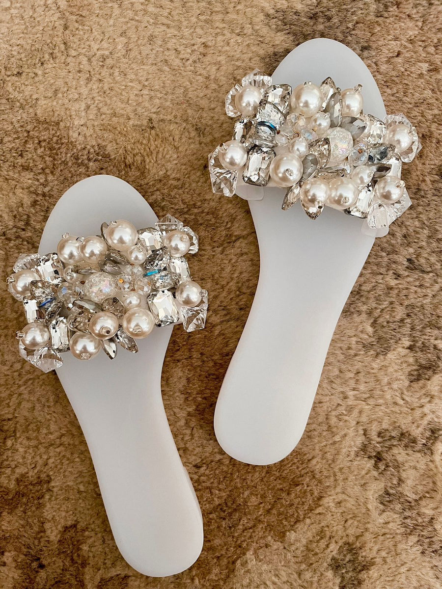 White Waterproof Crystal Embellished Sliders